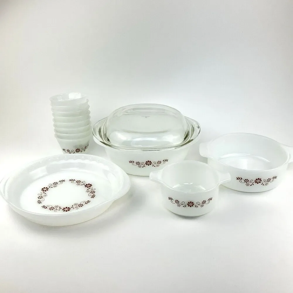 Dynaware Pyr-O-Rey Milk glass Brown Daisy Dishes Full Set of 12 1960s VTG Rare